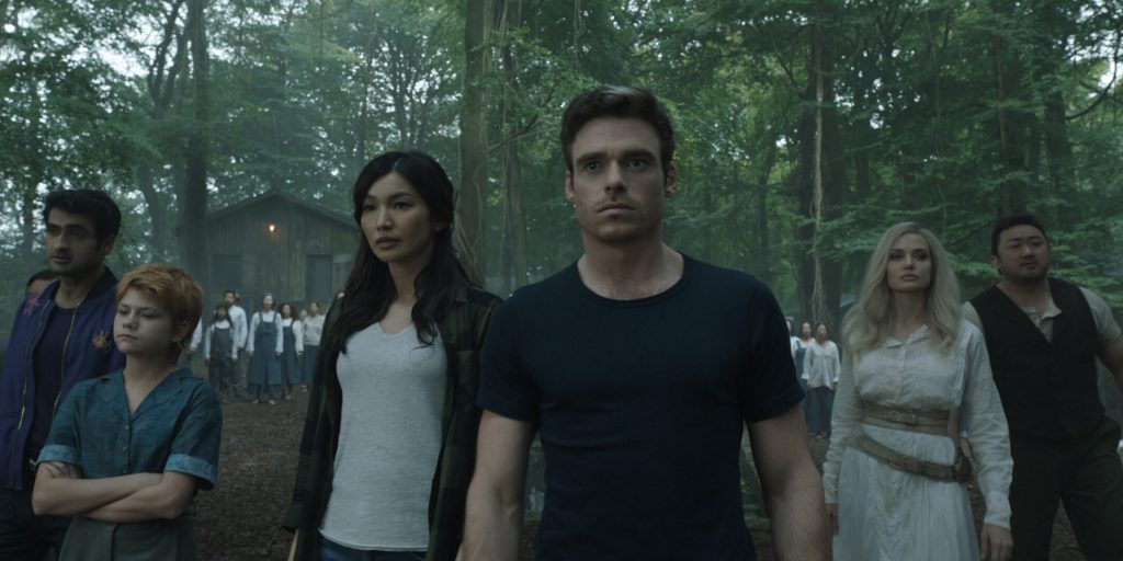 (L-R): Karun (Harish Patel), Kingo (Kumail Nanjiani), Sprite (Lia McHugh), Sersi (Gemma Chan), Ikaris (Richard Madden), Thena (Angelina Jolie), Gilgamesh (Don Lee) in Marvel Studios' ETERNALS.