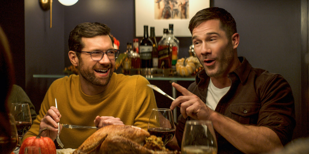 (from left) Bobby (Billy Eichner) and Aaron (Luke Macfarlane) in Bros, directed by Nicholas Stoller.