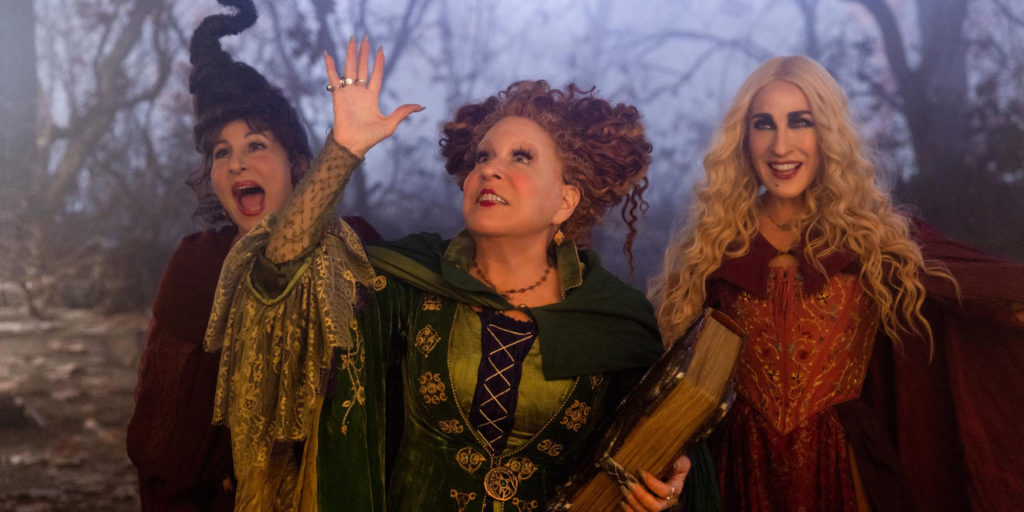 Kathy Najimy as Mary Sanderson, Bette Midler as Winifred Sanderson, and Sarah Jessica Parker as Sarah Sanderson in Disney's live-action HOCUS POCUS 2, exclusively on Disney+. Photo by Matt Kennedy. © 2022 Disney Enterprises, Inc. All Rights Reserved.