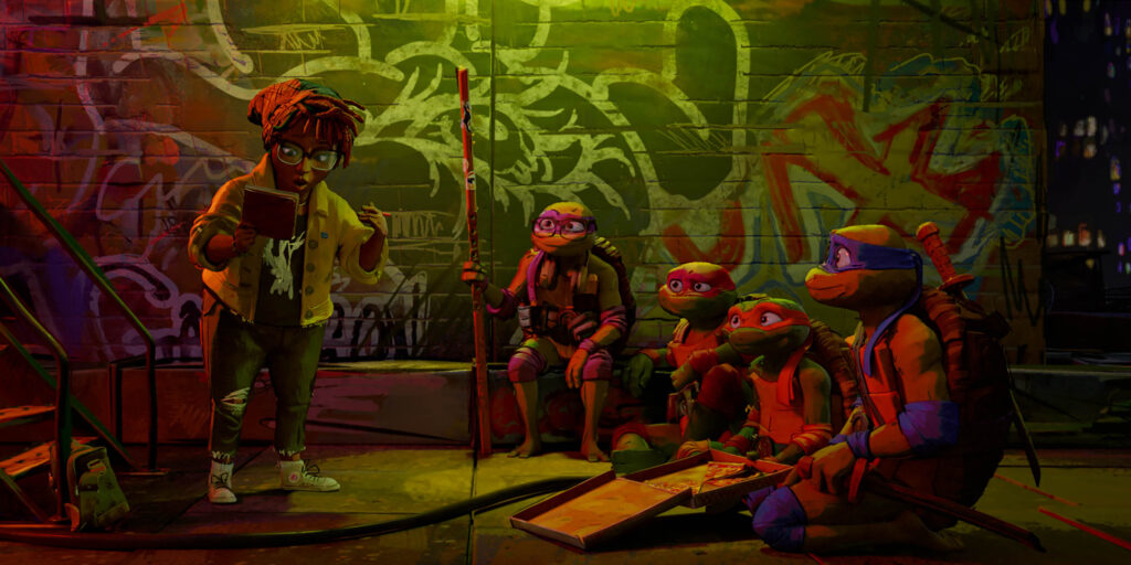 L-r, APRIL O’NEIL, DONATELLO, RAPHAEL, MICHELANGELO and LEONARDO in PARAMOUNT PICTURES and NICKELODEON MOVIES Present
A POINT GREY Production “TEENAGE MUTANT NINJA TURTLES: MUTANT MAYHEM”
