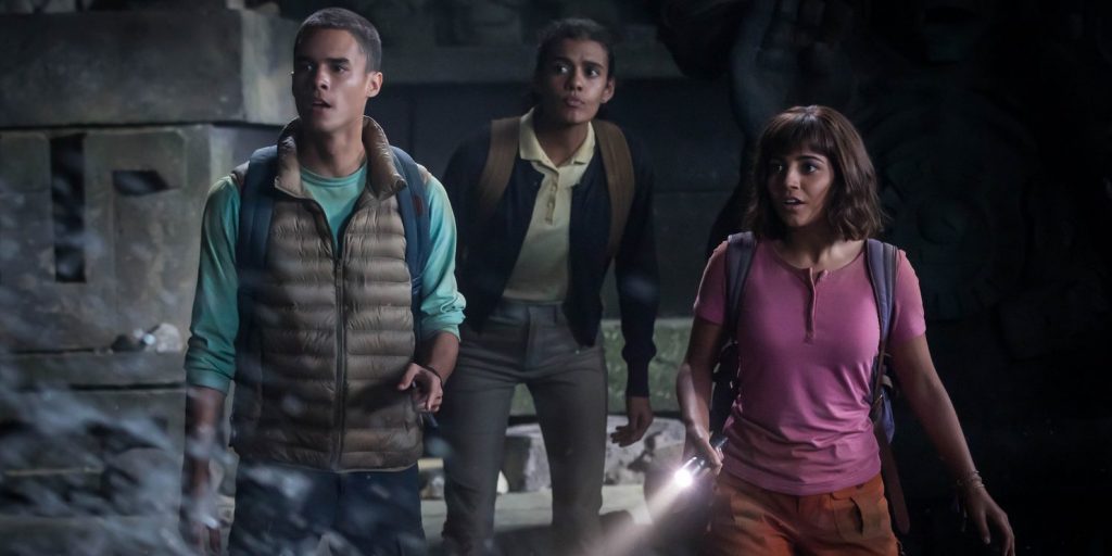 L-R, Jeff Wahlberg, Madeleine Madden and Isabela Moner star in "Dora and the Lost City of Gold."