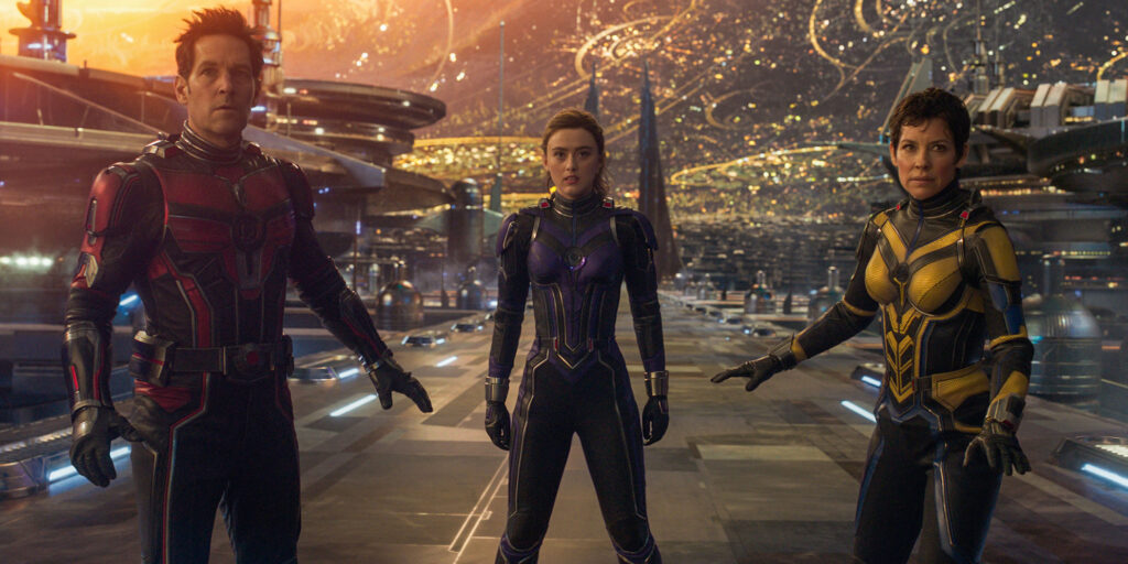 (L-R): Paul Rudd as Scott Lang/Ant-Man, Kathryn Newton as Cassandra "Cassie" Lang, Evangeline Lilly as Hope Van Dyne/Wasp in Marvel Studios' ANT-MAN AND THE WASP: QUANTUMANIA. Photo courtesy of Marvel Studios. © 2022 MARVEL.