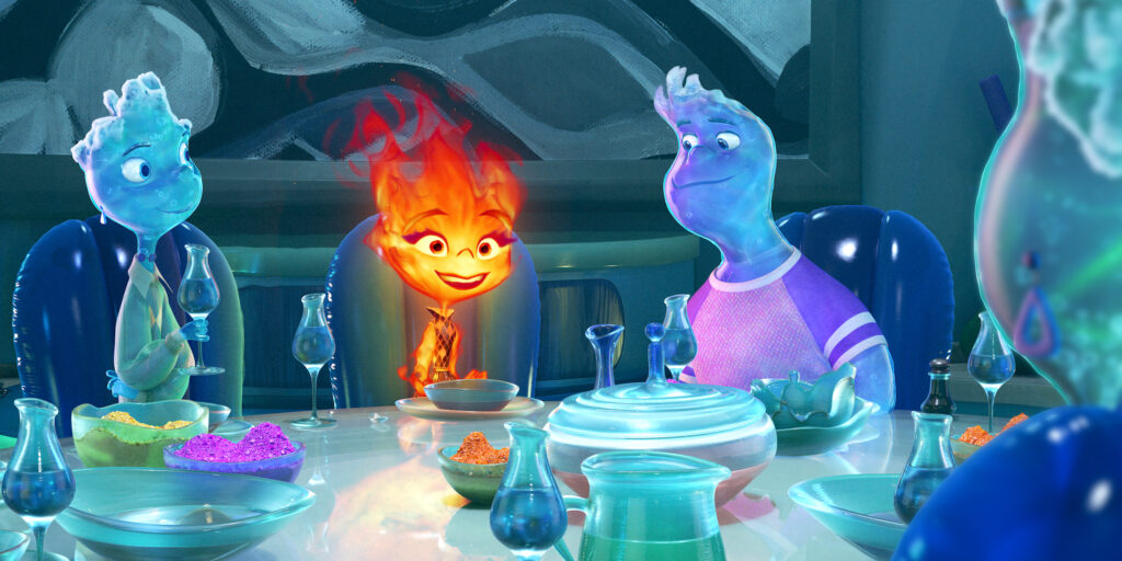 UNCHARTED WATERS -- In Disney and Pixar’s “Elemental,” fiery young woman Ember (voice of Leah Lewis) is invited to join go-with-the-flow guy Wade (Mamoudou Athie) at his family’s apartment for dinner. Ember quickly realizes that their family dynamics are vastly different from her own—and that’s not necessarily a bad thing. Directed by Peter Sohn (“The Good Dinosaur,” “Party Cloudy” short) and produced by Denise Ream (“The Good Dinosaur,” “Cars 2”), Disney and Pixar’s “Elemental” releases on June 16, 2023. © 2023 Disney/Pixar. All Rights Reserved.